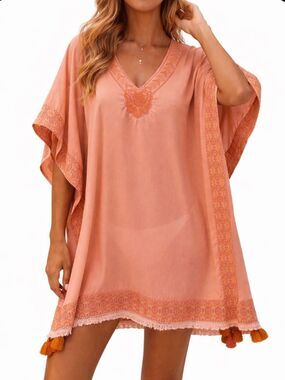 Cabana Life Embroidered Beach Cover-Up Kaftan Size Large Peach Boho Swim Coverup